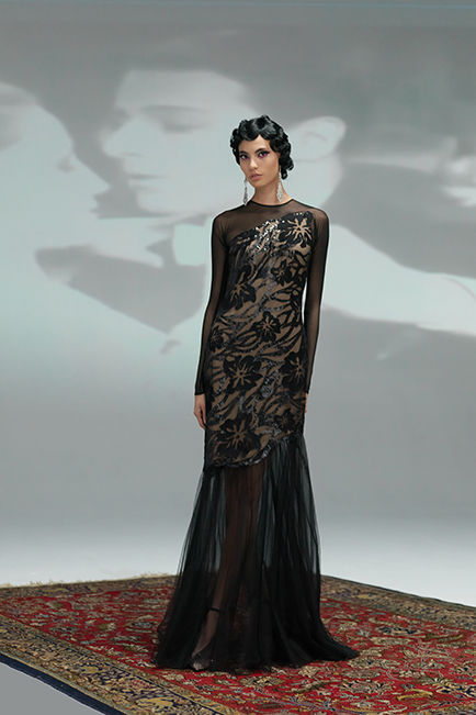 BLACK/NUDE ART NOUVEAU MOTIFF PAILLETTE EMBROIDERED TULLE MERMAID GOWN WITH ILLUSION DETAILS 