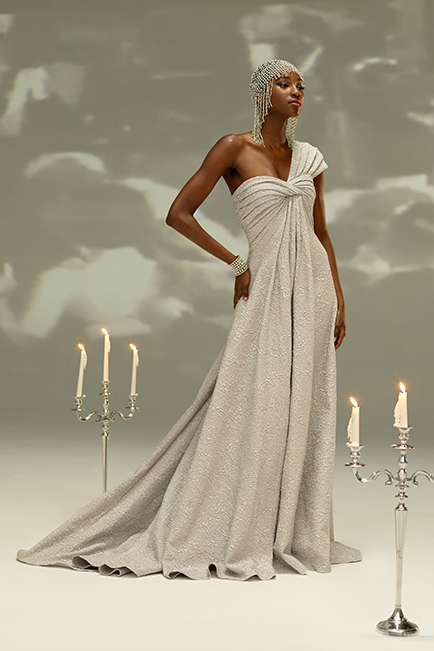 SILVER ROSE MOTIF JACQUARD ONE SHOULDER EMPIRE DRAPED GOWN