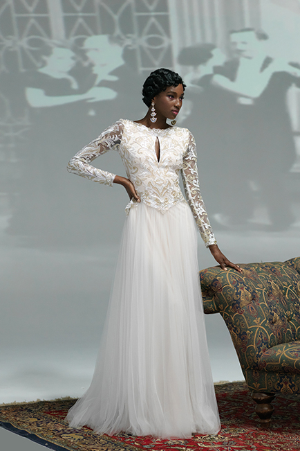WHITE/GOLD CORD EMBROIDERED TULLE LONG SLEEVE BALL GOWN WITH FRONT KEYHOLE DETAIL 
