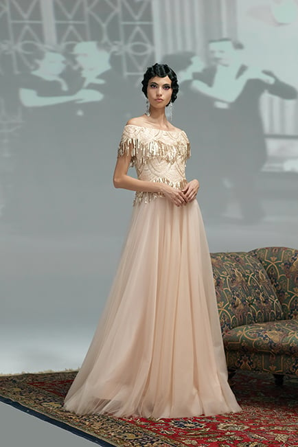 GOLD FLAPPER FRINGE EMBROIDERED TULLE OFF THE SHOULDER BALL GOWN