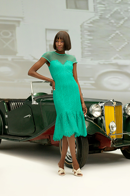 JASMINE GREEN LACE CAP SLEEVE FIT AND FLARE DRESS WITH ILLUSION NECKLINE